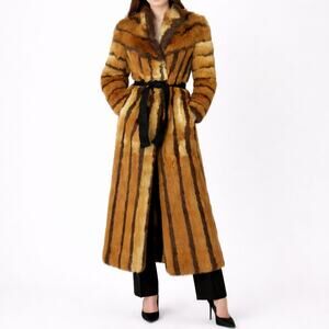 Vintage Striped Rabbit Fur Long Coat Belted 45” Mob Wife S M Needs Lining
